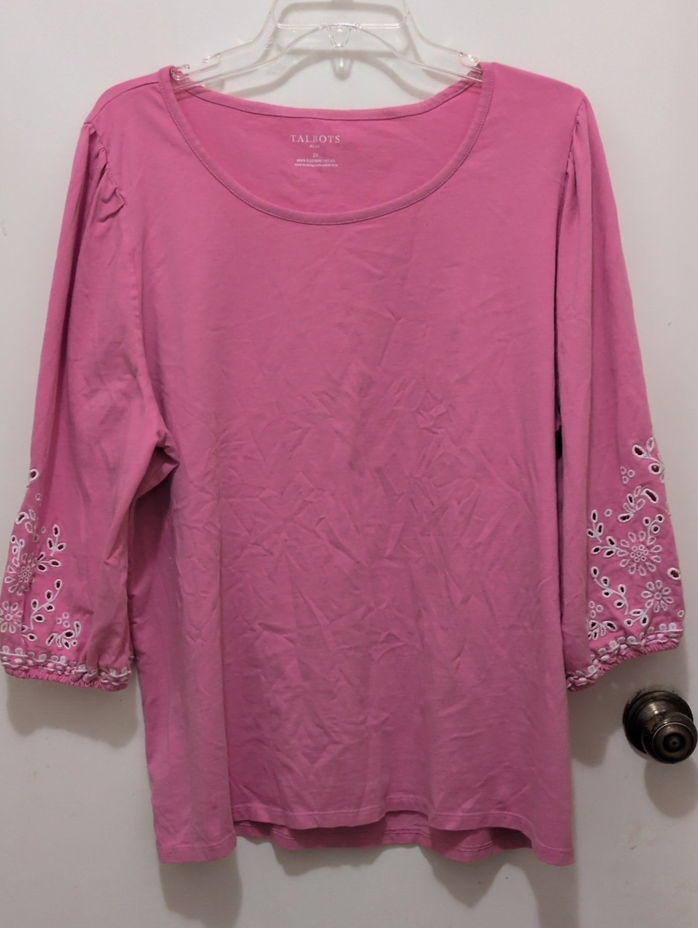Talbots Pink Long Sleeve Embroidered Cuff Cotton Top Size 2X